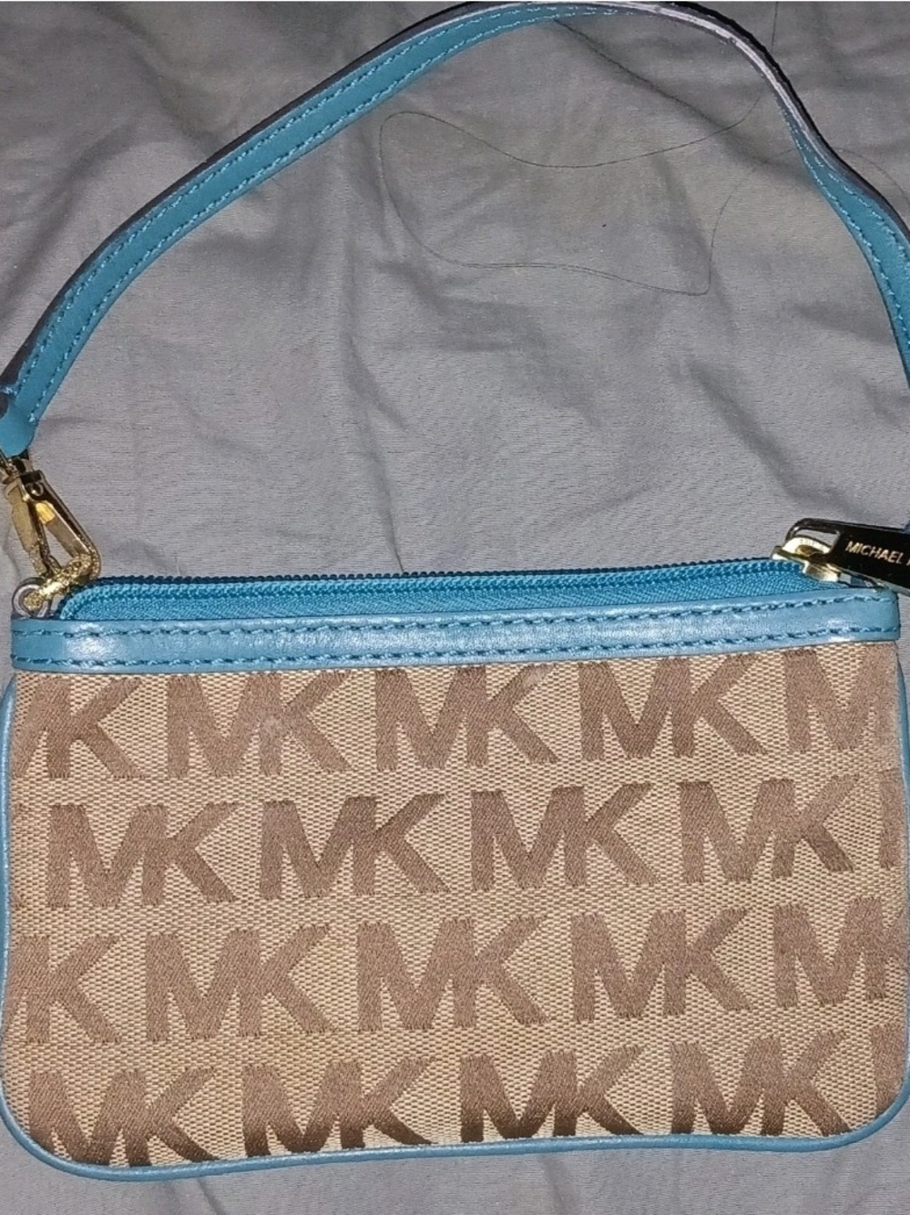 Michael Kors Brown MK Logo Wristlet with Turquoise Trim